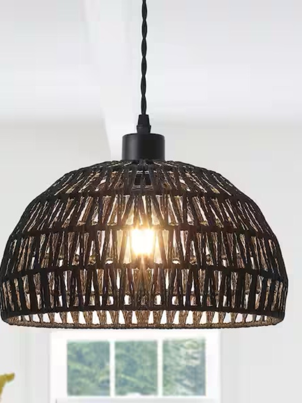 Black Rattan Plug-In Pendant Light Boho Dome Hanging Lamp